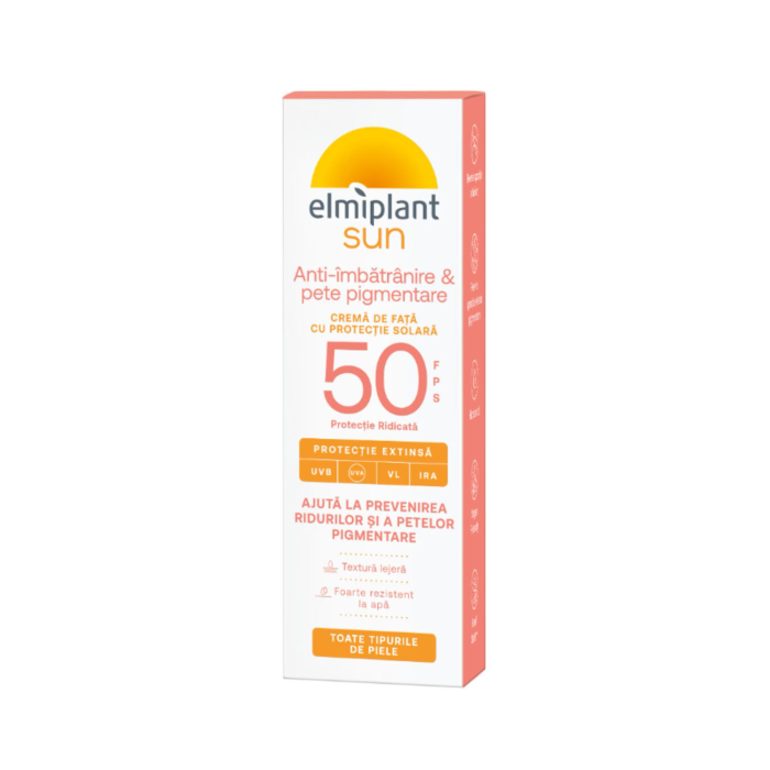 Антивіковий сонцезахисний крем для обличчя ELMIPLANT Crema protectie solar SPF50 anti imbatrani 50ml