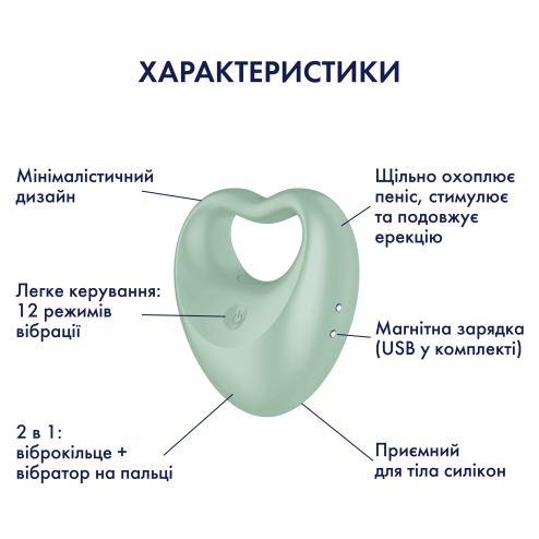 2 в 1 вібратор для пар: віброкільце + вібратор на пальці  Perfect Pair 3, колір: зелений Satisfyer (Німеччина)
